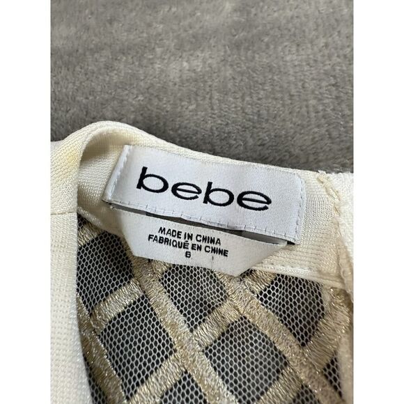 BEBE IVORY METALLIC EMBROIDERED MESH LACE UP DRESS KNEE LENGTH sz 8 - Picture 14 of 16